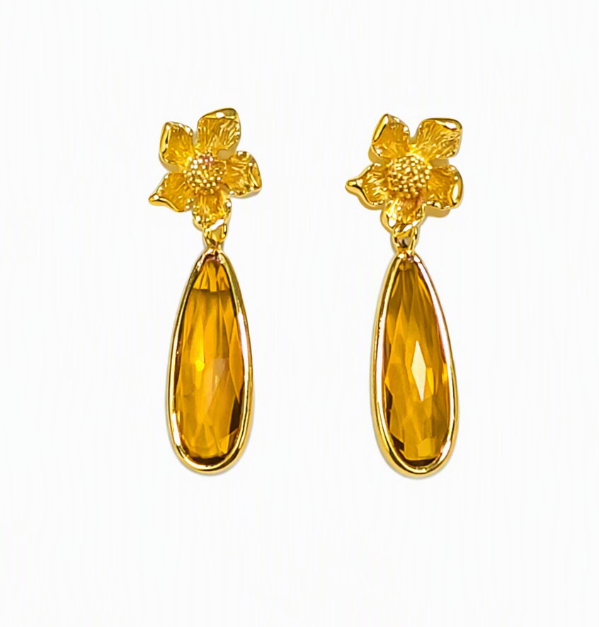 ✨ Aretes Flor Dorada con Piedra Amarilla